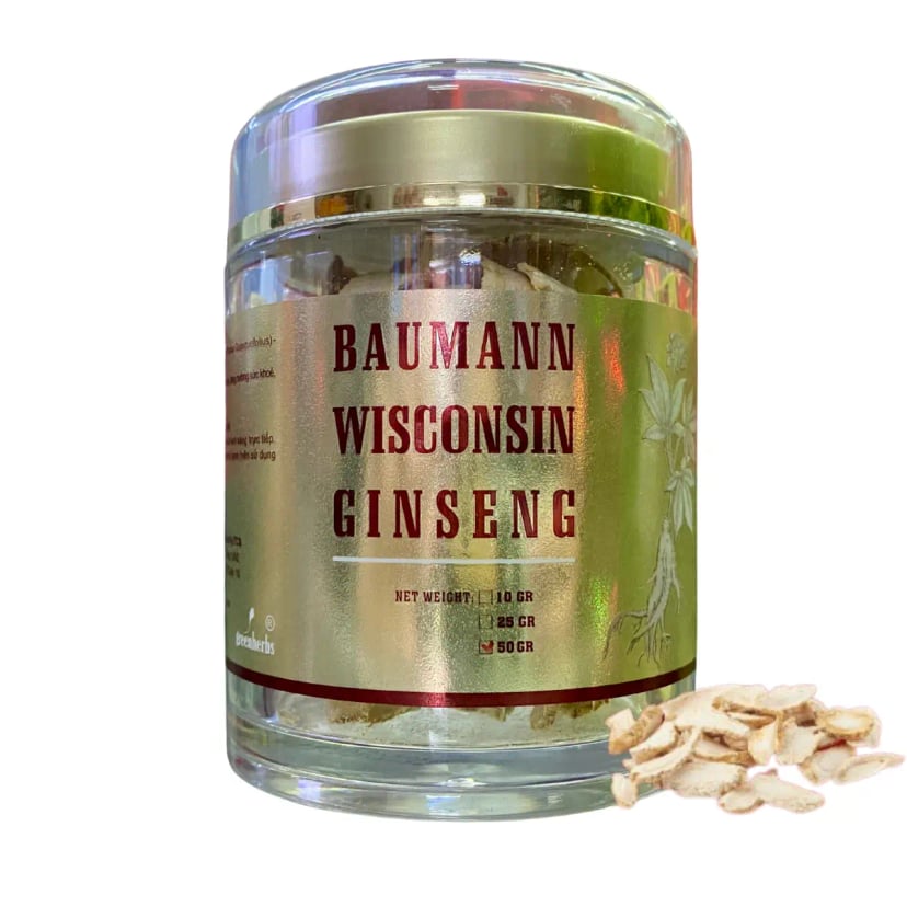 Hình Nhân Sâm Mỹ Baumann Wisconsin Dạng Thái Lát Hũ 50g 2