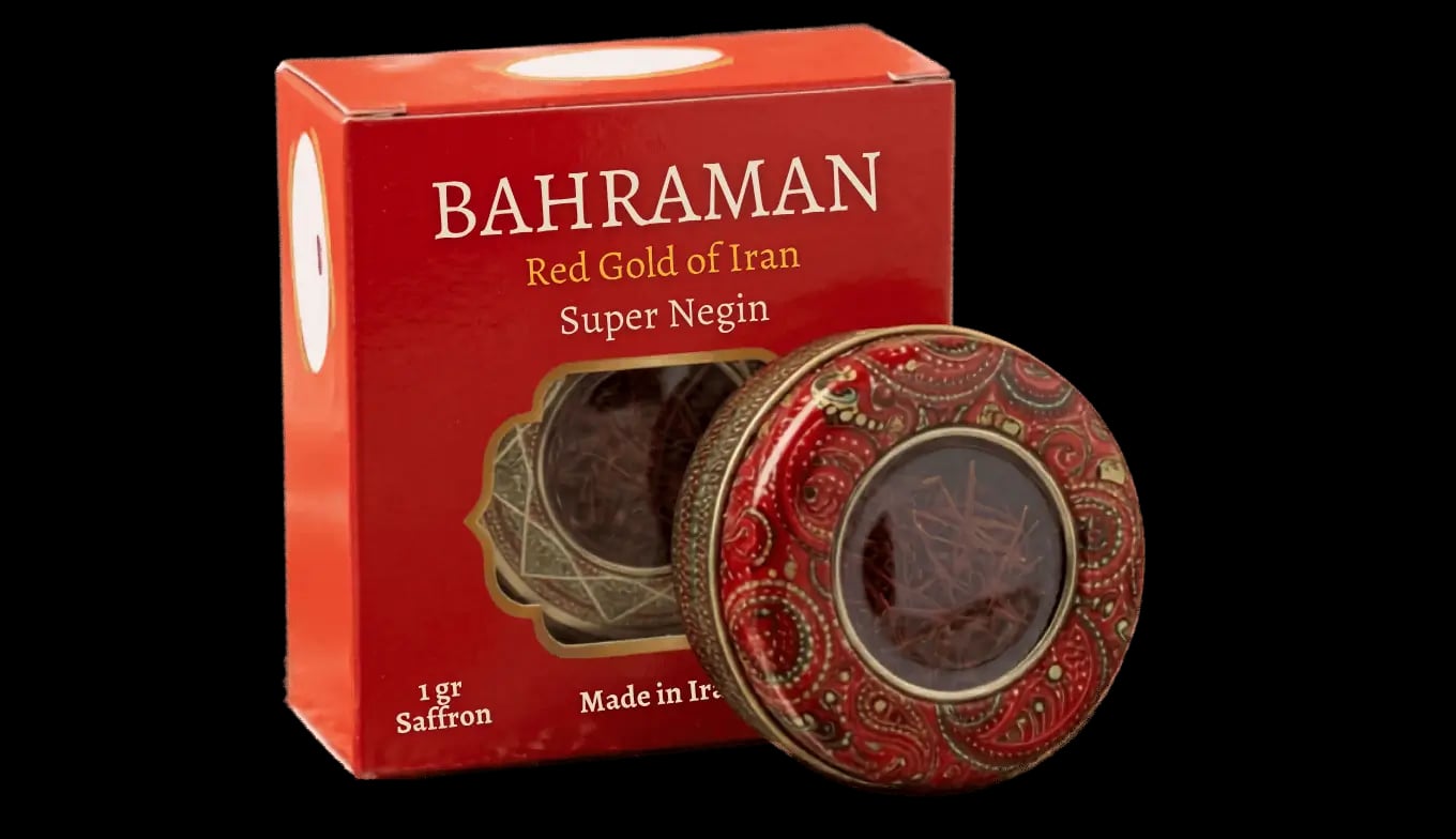 Hình Nhụy hoa nghệ tây Iran Bahraman Saffron Super Negin hộp tròn 1gram 1