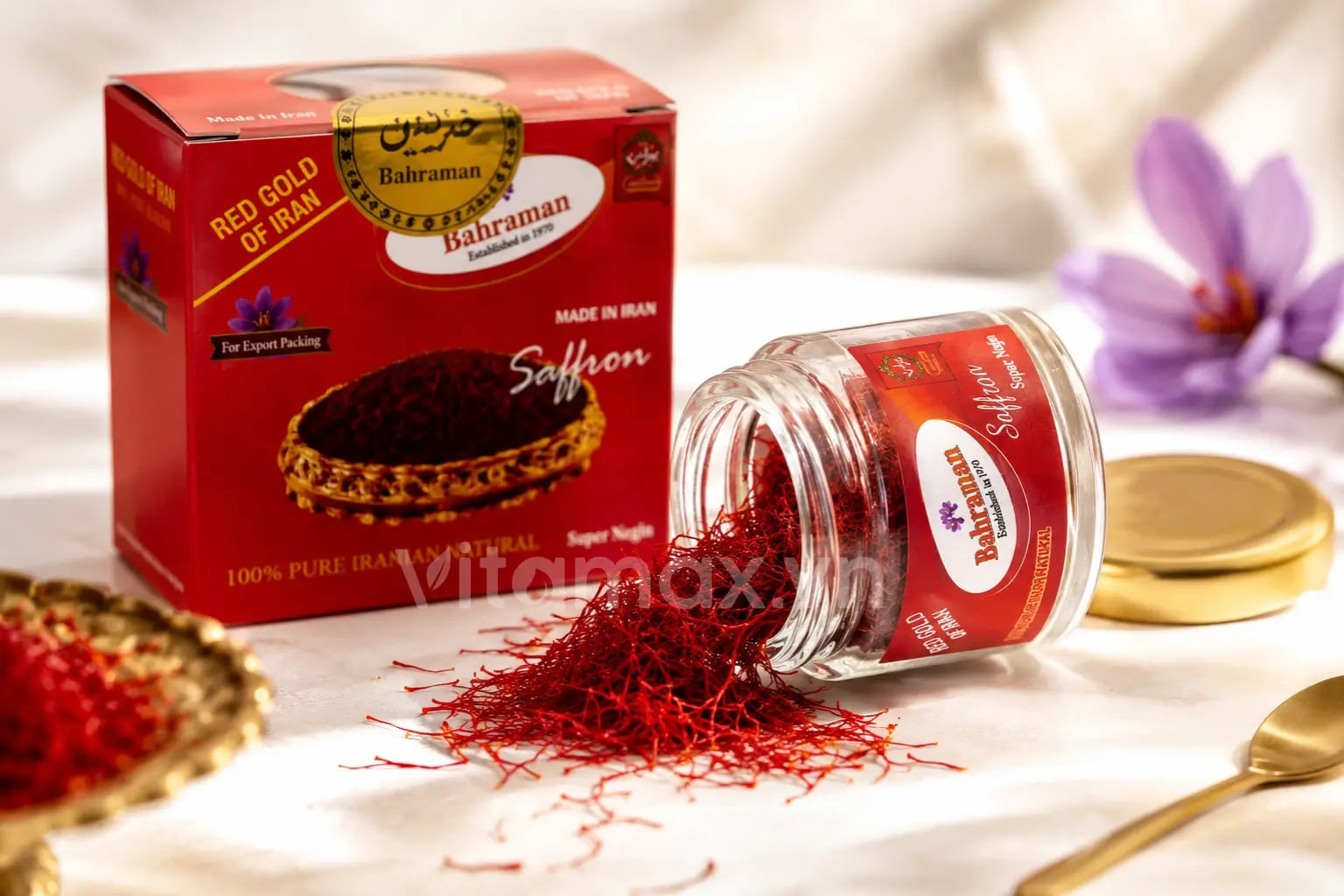 Hình Nhụy hoa nghệ tây Iran Bahraman Saffron Super Negin hộp tròn 1gram 4
